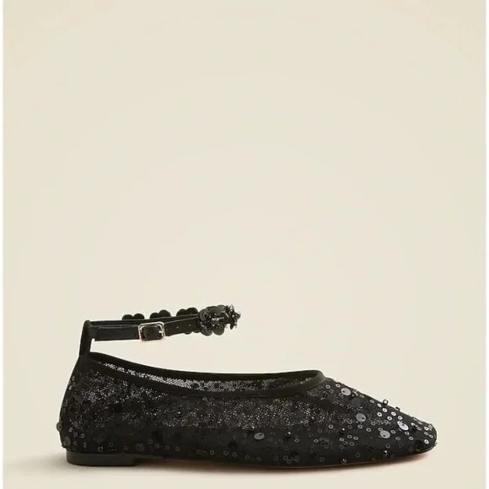 J. Crew Quinn Black Sequin And Mesh Ballet Flats w/Removable Ankle Strap Sz 7.5 - Picture 4 of 12